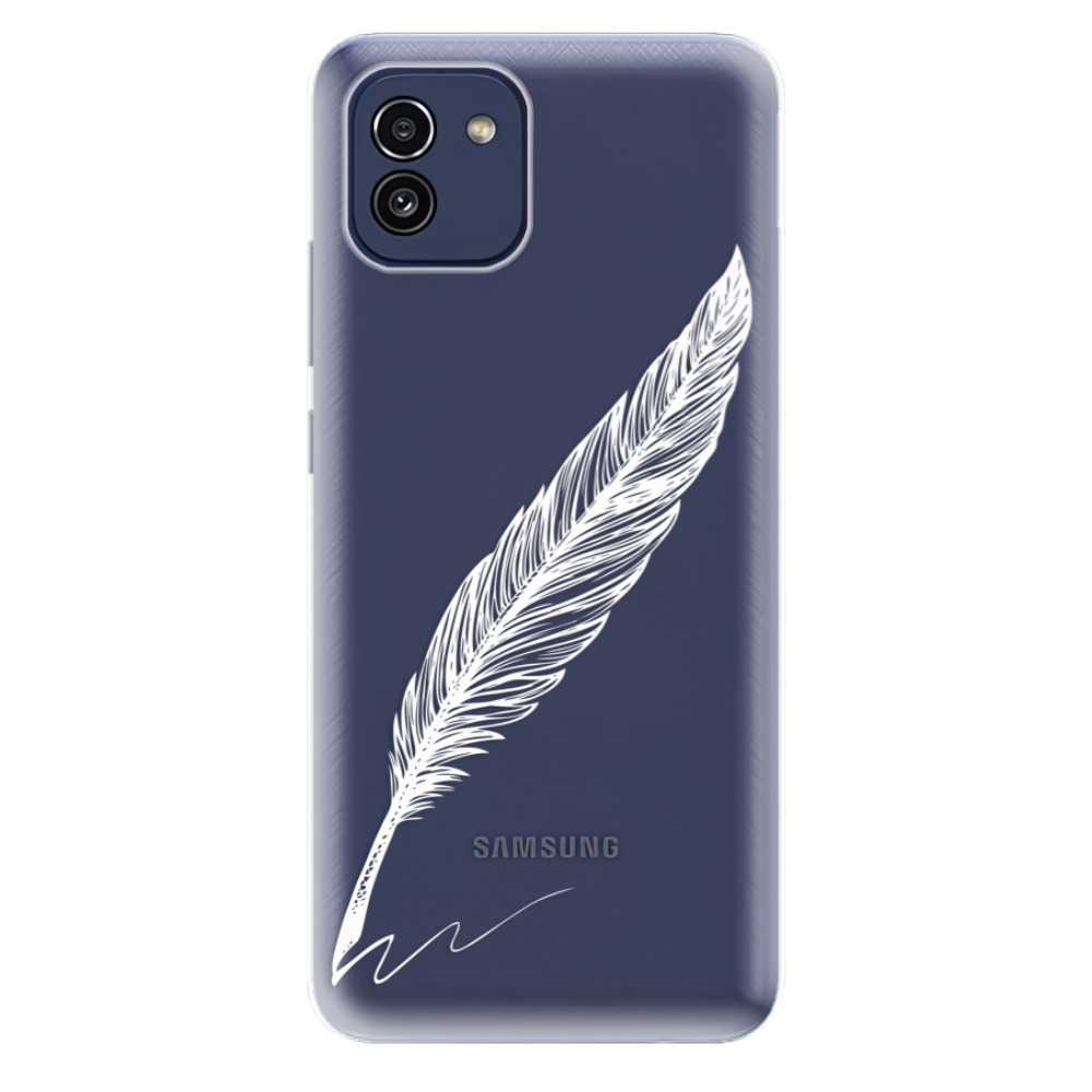 Odolné silikónové puzdro iSaprio - Writing By Feather - white - Samsung Galaxy A03