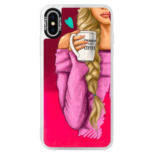 Neónové púzdro Pink iSaprio - My Coffe and Blond Girl - iPhone XS