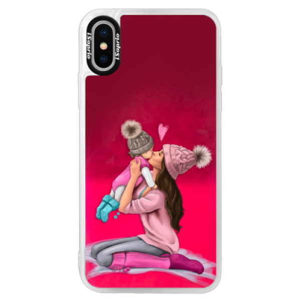 Neónové púzdro Pink iSaprio - Kissing Mom - Brunette and Girl - iPhone XS