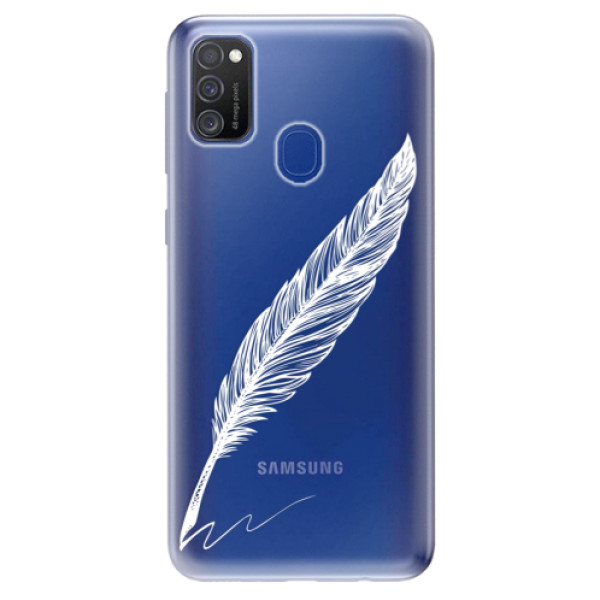 Odolné silikónové puzdro iSaprio - Writing By Feather - white - Samsung Galaxy M21