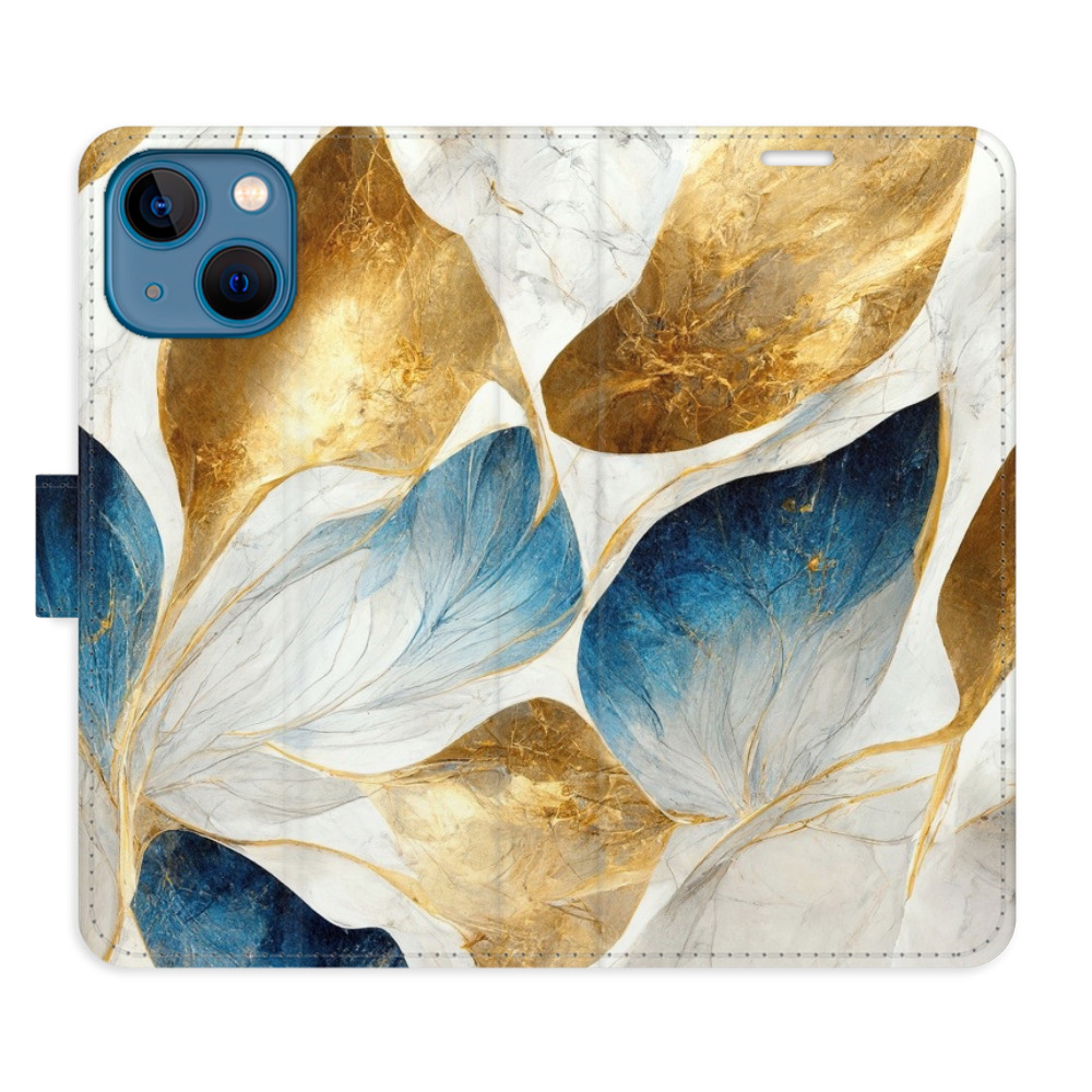 Flipové puzdro iSaprio - GoldBlue Leaves - iPhone 13 mini