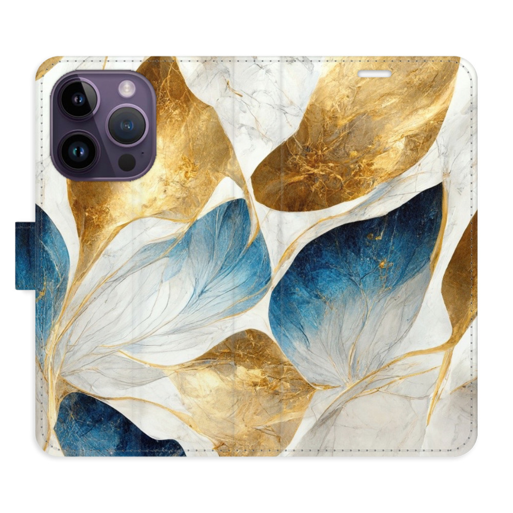Flipové puzdro iSaprio - GoldBlue Leaves - iPhone 14 Pro
